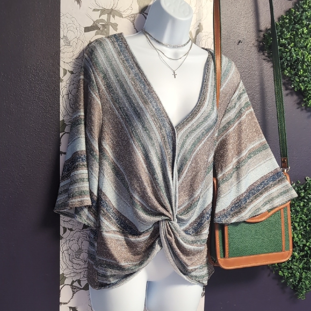 Gypsies & Moondust Striped V-Neck Twist Front Sweater Top - Tan, Green, Blue